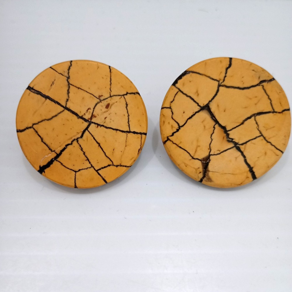 Vintage Vogue JLRY Clip Earrings Wooden Faux Marble Look Disc 1.25" Signed